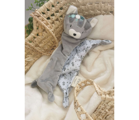 Doudou Nin-nin Artisanal Chat Gris personnalisé Fait Main