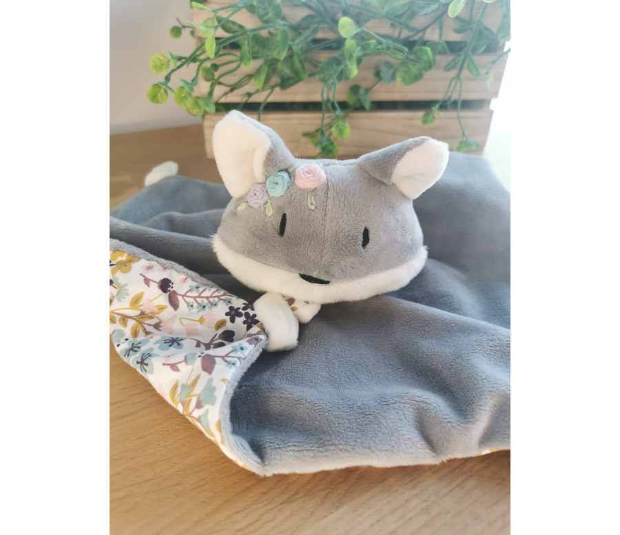Doudou Nin-nin Artisanal Loup Gris personnalisé Fait Main